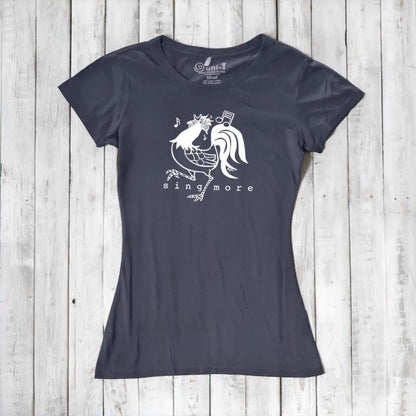 Navy blue women's t-shirt with white rooster and 'Sing More' print, made from sustainable bamboo and organic cotton fabric.