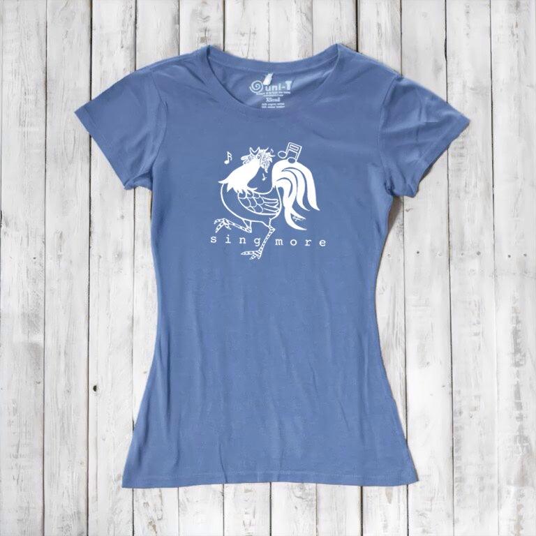 Slate blue bamboo and organic cotton women's t-shirt with rooster and 'Sing More' graphic, a fun gift for vocalists and animal lovers.