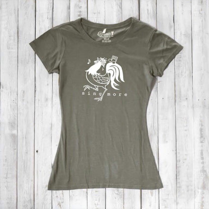Olive green bamboo and organic cotton t-shirt for women featuring a rooster and 'Sing More' text, ideal for music-themed outfits.