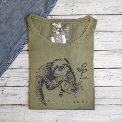 Folded olive green women's sloth T-shirt made from bamboo and organic cotton with 'Chill More' graphic by Uni-T. Eco-friendly casual wear.