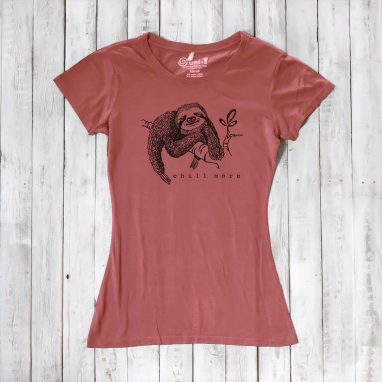 Rust red women's fitted sloth T-shirt in bamboo and organic cotton with 'Chill More' nature graphic. Ideal eco-friendly gift for animal lovers.