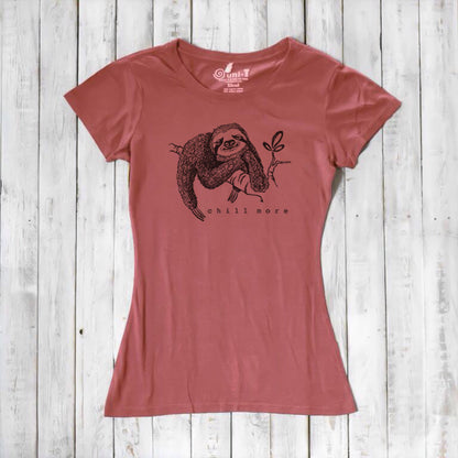 Rust red women's fitted sloth T-shirt in bamboo and organic cotton with 'Chill More' nature graphic. Ideal eco-friendly gift for animal lovers.