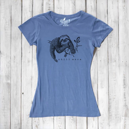 Blue women's sloth T-shirt made from bamboo and organic cotton featuring 'Chill More' graphic. Sustainable and casual nature-themed apparel.