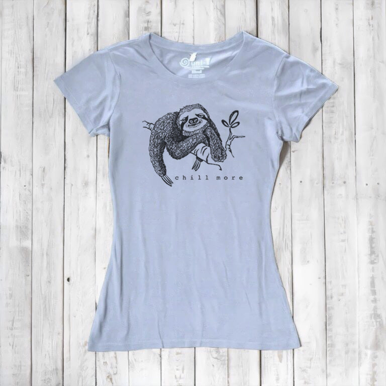 Light blue women's bamboo and organic cotton T-shirt with sloth illustration and 'Chill More' text. Eco-friendly casual top by Uni-T.