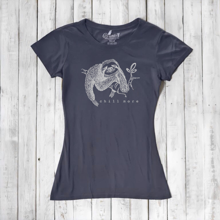 Charcoal gray women's fitted T-shirt with white sloth graphic and 'Chill More' text. Made from bamboo and organic cotton by Uni-T.