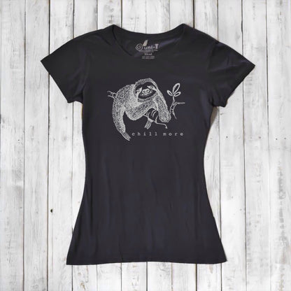 Black women's bamboo and organic cotton T-shirt with white sloth illustration and 'Chill More' slogan. Eco-conscious and stylish gift idea.