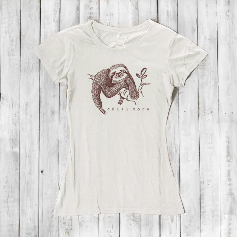 Cream women's bamboo and organic cotton T-shirt with brown sloth graphic and 'Chill More' text. Soft, eco-friendly gift for animal lovers.