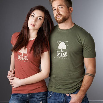 Couple wearing Uni-T 'Grow More' Tree T-Shirts in organic cotton and bamboo, sustainable nature-inspired graphic tees for eco-conscious style.
