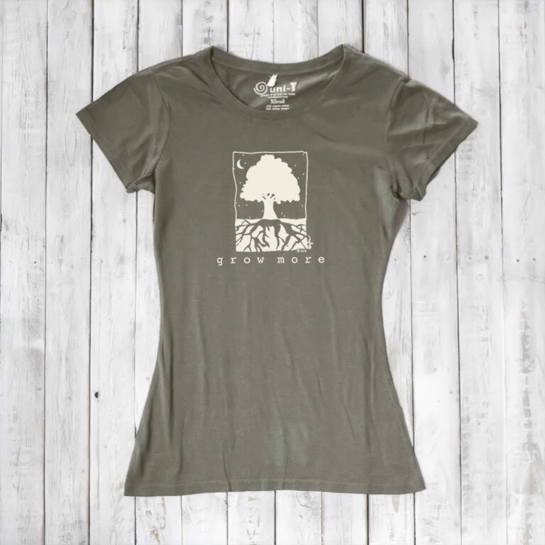 Olive green Women's Tree T-Shirt in Organic Cotton & Bamboo by Uni-T, featuring 'Grow More' nature graphic for eco-friendly gardening lovers.