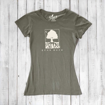 Olive green Women's Tree T-Shirt in Organic Cotton & Bamboo by Uni-T, featuring 'Grow More' nature graphic for eco-friendly gardening lovers.