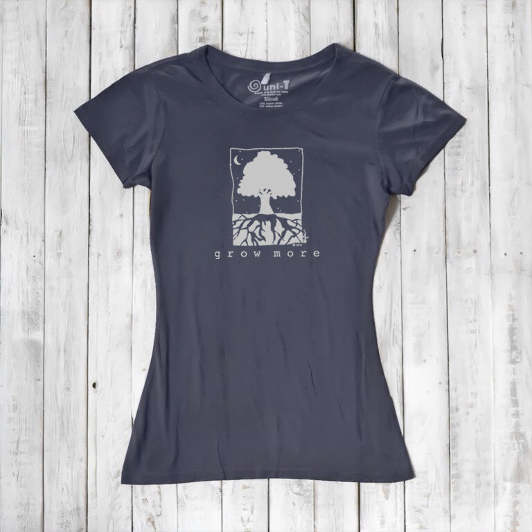 Charcoal gray Women's Tree T-Shirt in Organic Cotton & Bamboo with 'Grow More' tree and roots graphic, sustainable gardening top by Uni-T.