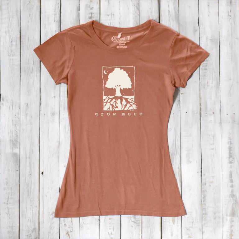 Rust orange Women's Tree T-Shirt in Organic Cotton & Bamboo by Uni-T, eco-friendly 'Grow More' graphic tee for nature and garden enthusiasts.