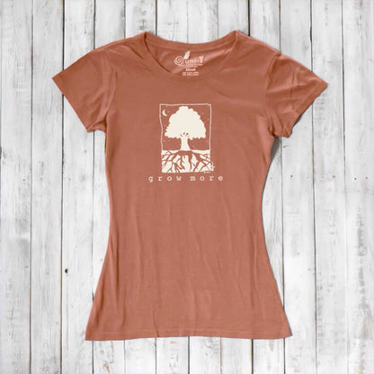 Rust orange Women's Tree T-Shirt in Organic Cotton & Bamboo by Uni-T, eco-friendly 'Grow More' graphic tee for nature and garden enthusiasts.