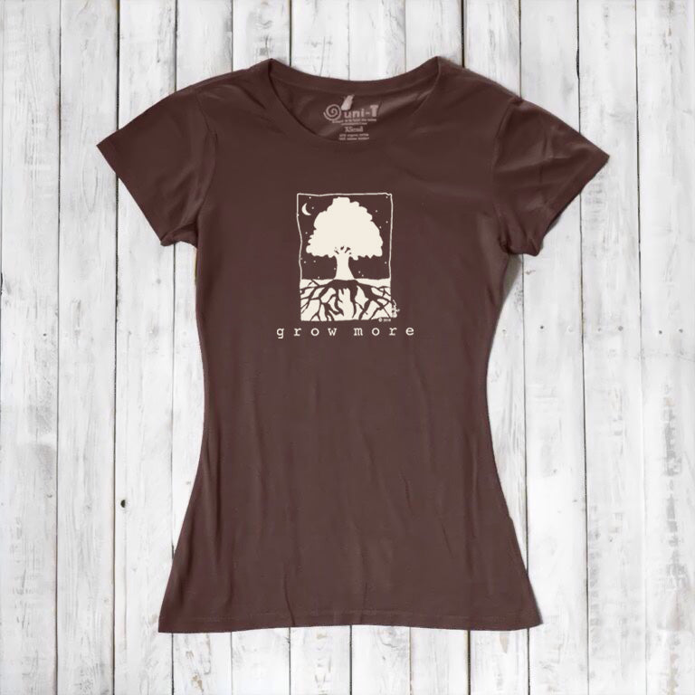 Brown Women's Tree T-Shirt in Organic Cotton & Bamboo with inspirational 'Grow More' tree design, sustainable fashion by Uni-T for gardeners.