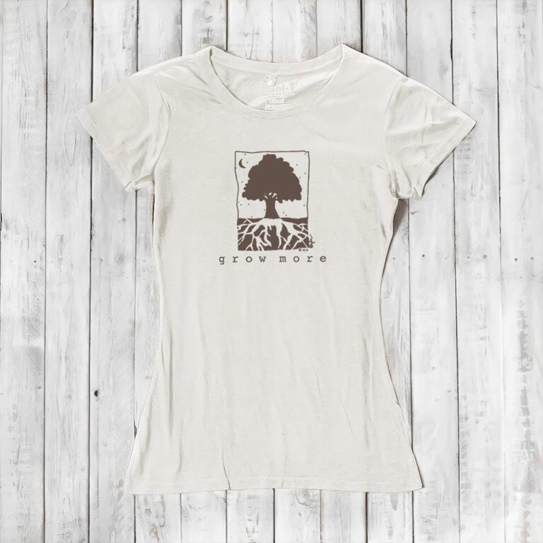 Natural white Women's Tree T-Shirt in Organic Cotton & Bamboo by Uni-T, featuring eco-conscious 'Grow More' tree and root graphic print.