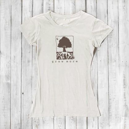 Natural white Women's Tree T-Shirt in Organic Cotton & Bamboo by Uni-T, featuring eco-conscious 'Grow More' tree and root graphic print.