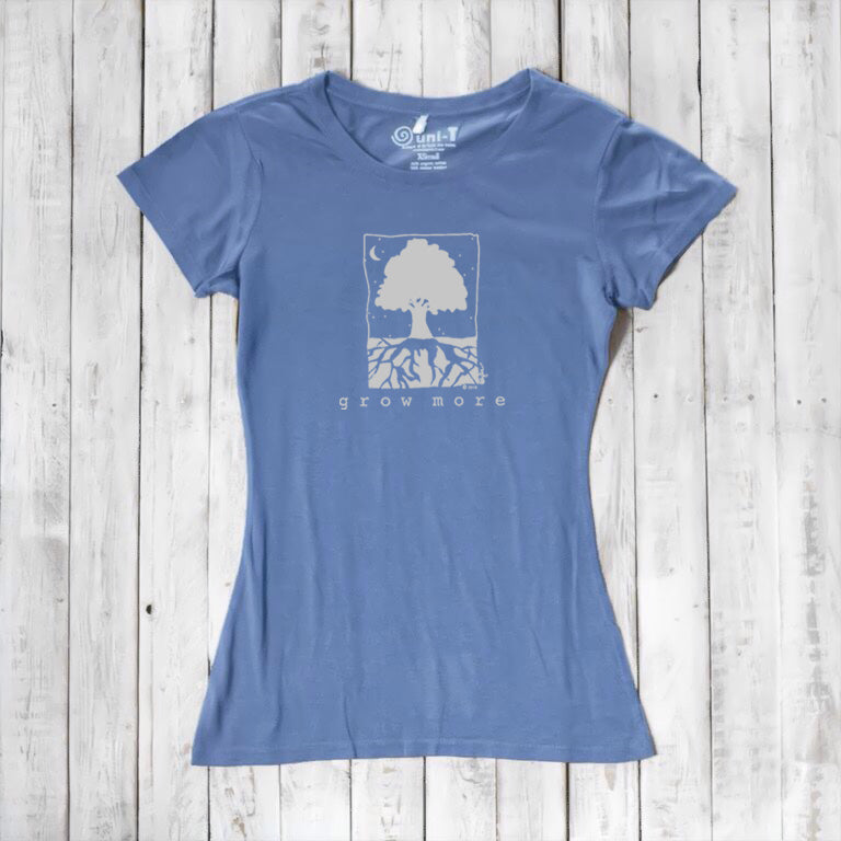 Dusty blue Women's Tree T-Shirt in Organic Cotton & Bamboo with 'Grow More' nature graphic, sustainable gardening top by Uni-T for women.