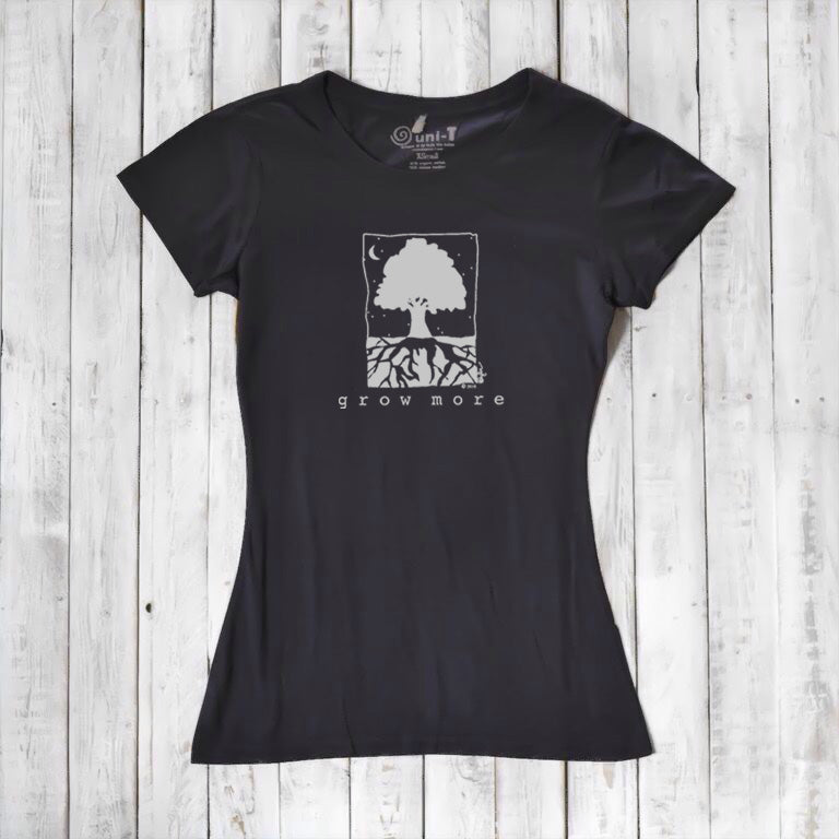 Black Women's Tree T-Shirt in Organic Cotton & Bamboo by Uni-T, featuring minimalist 'Grow More' tree design for eco-conscious fashion lovers.