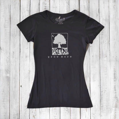 Black Women's Tree T-Shirt in Organic Cotton & Bamboo by Uni-T, featuring minimalist 'Grow More' tree design for eco-conscious fashion lovers.