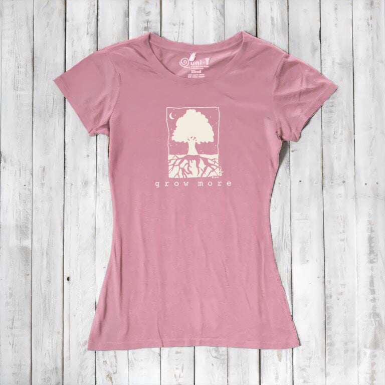Pink Women's Tree T-Shirt in Organic Cotton & Bamboo with 'Grow More' tree and roots graphic, sustainable nature tee by Uni-T for gardeners.