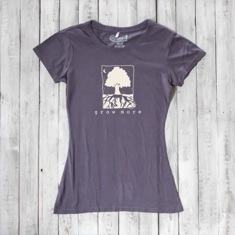 Plum purple Women's Tree T-Shirt in Organic Cotton & Bamboo by Uni-T, featuring eco-friendly 'Grow More' tree graphic for nature lovers.
