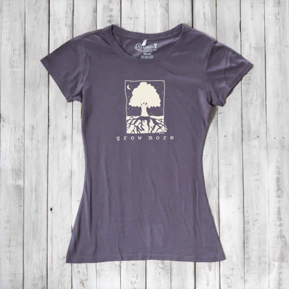 Plum purple Women's Tree T-Shirt in Organic Cotton & Bamboo by Uni-T, featuring eco-friendly 'Grow More' tree graphic for nature lovers.