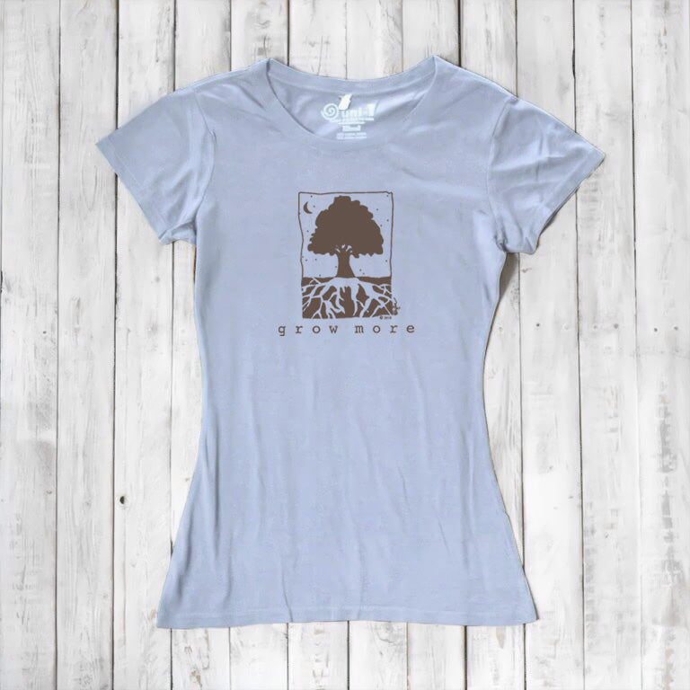 Light blue Women's Tree T-Shirt in Organic Cotton & Bamboo with 'Grow More' tree design, sustainable gardening top by Uni-T for eco-style.