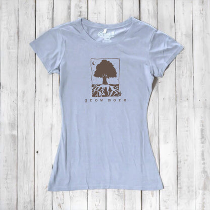 Light blue Women's Tree T-Shirt in Organic Cotton & Bamboo with 'Grow More' tree design, sustainable gardening top by Uni-T for eco-style.
