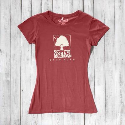 Red Women's Tree T-Shirt in Organic Cotton & Bamboo by Uni-T, featuring inspirational 'Grow More' tree graphic for eco-conscious gardeners.