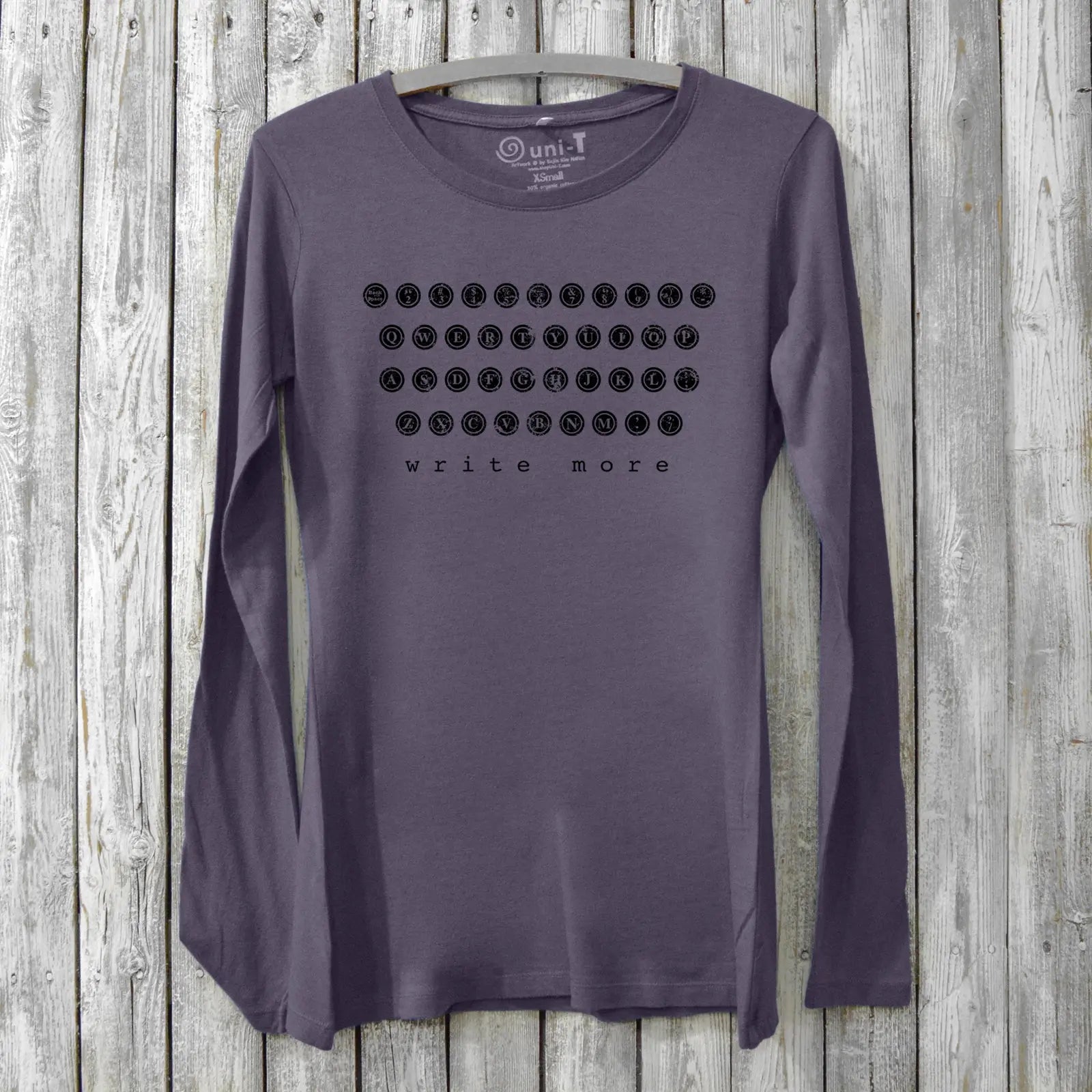 Women's Typewriter Long Sleeve T-Shirt in dark purple bamboo and cotton blend with 'Write More' typewriter key graphic. Ideal gift for writers.