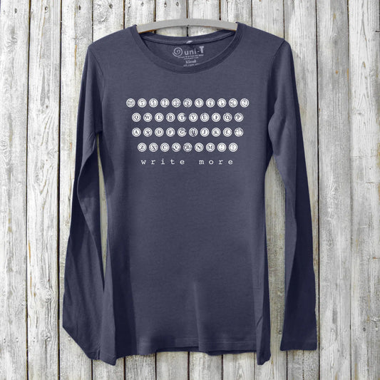 Navy Women's Typewriter Long Sleeve T-Shirt made from bamboo and organic cotton, featuring 'Write More' literary graphic. Cozy tee for authors.