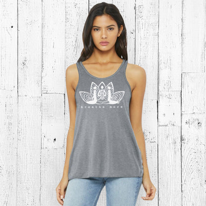 Model wearing grey Yoga Flowy Tank Top Women - Breathe More. Lightweight and stylish for mindfulness and wellness routines.