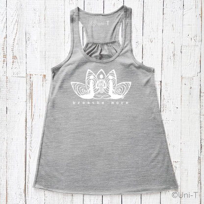 Grey Yoga Flowy Tank Top for Women featuring 'Breathe More' lotus artwork. Comfortable and sustainable yoga apparel.