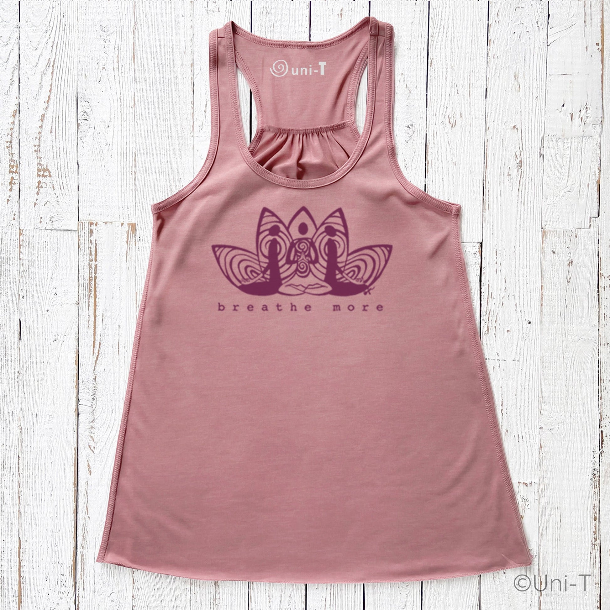 Rose pink Yoga Flowy Tank Top for Women with purple 'Breathe More' lotus print. Flowy fit perfect for wellness and relaxation.