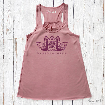Rose pink Yoga Flowy Tank Top for Women with purple 'Breathe More' lotus print. Flowy fit perfect for wellness and relaxation.