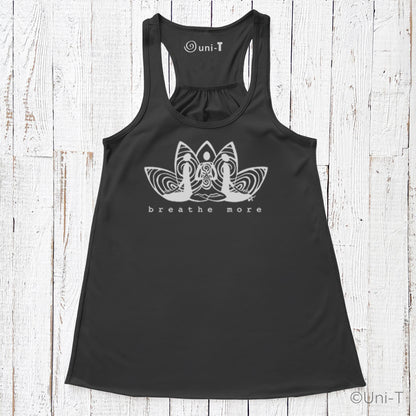 Black Yoga Flowy Tank Top Women - Breathe More with white lotus graphic. Ideal for yoga, mindfulness, and eco-friendly fashion.