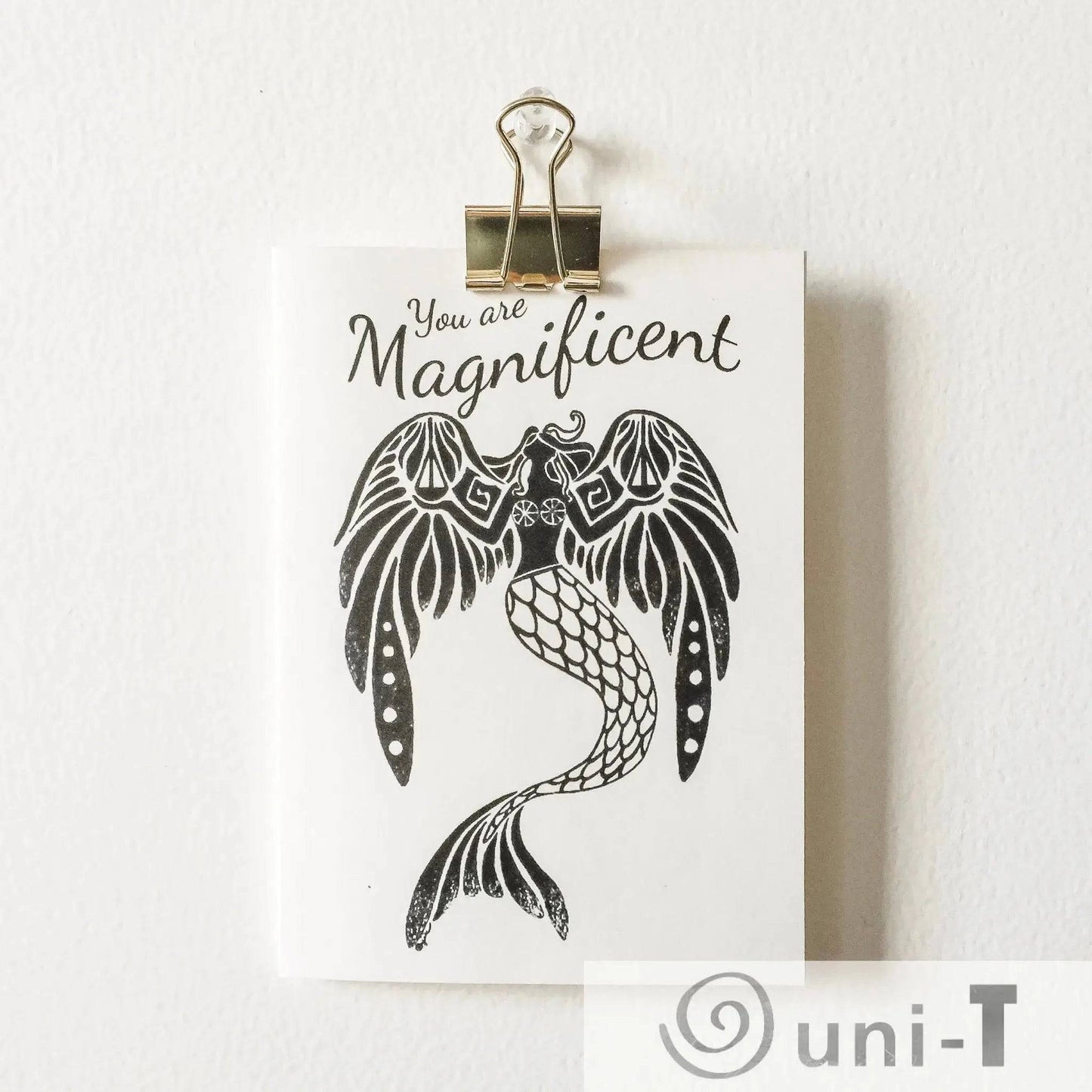 Magnificent Greeting Card 4X5.5 with black mermaid design and 'You Are Magnificent' text, includes ivory card and kraft envelope.