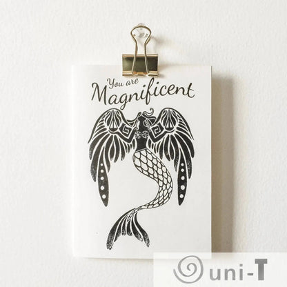 Magnificent Greeting Card 4X5.5 with black mermaid design and 'You Are Magnificent' text, includes ivory card and kraft envelope.