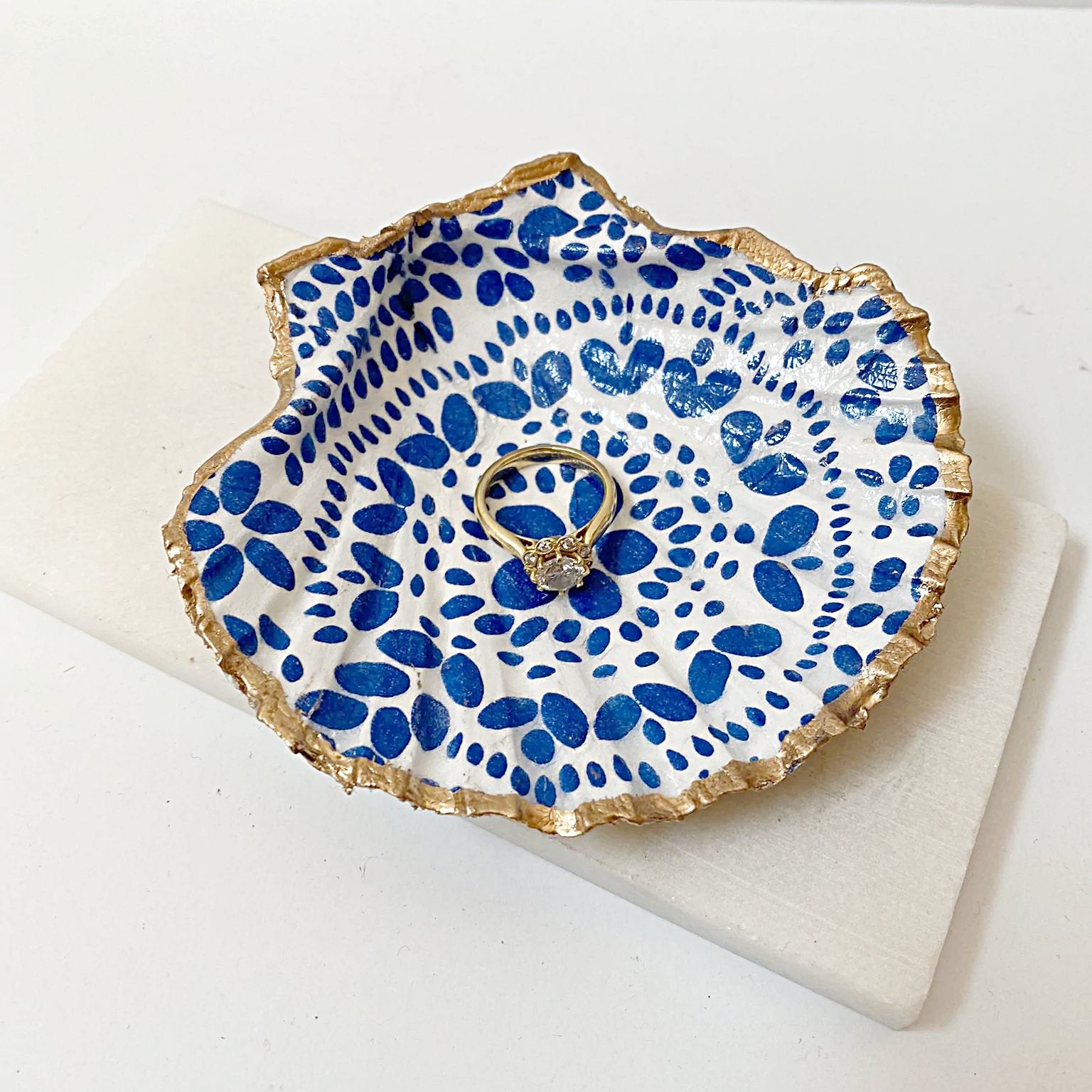 Blue & White Decoupage Scallop Shell Jewelry Dish Ana Razavi