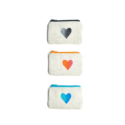 Two-tone Heart Blockprint Linen Coin Purse Gray Green Goods