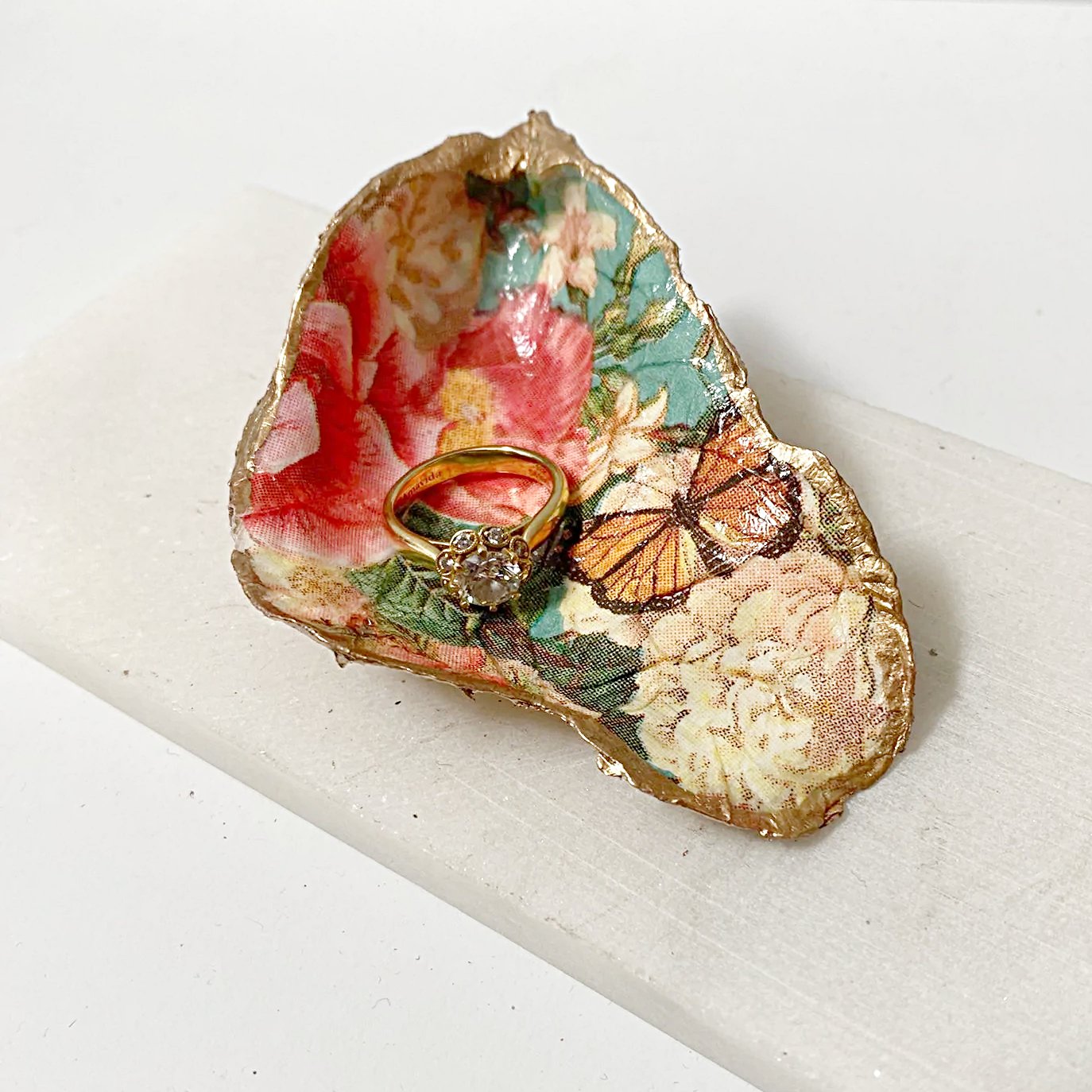 Vintage Floral Decoupage Oyster Shell Jewelry Dish Ana Razavi