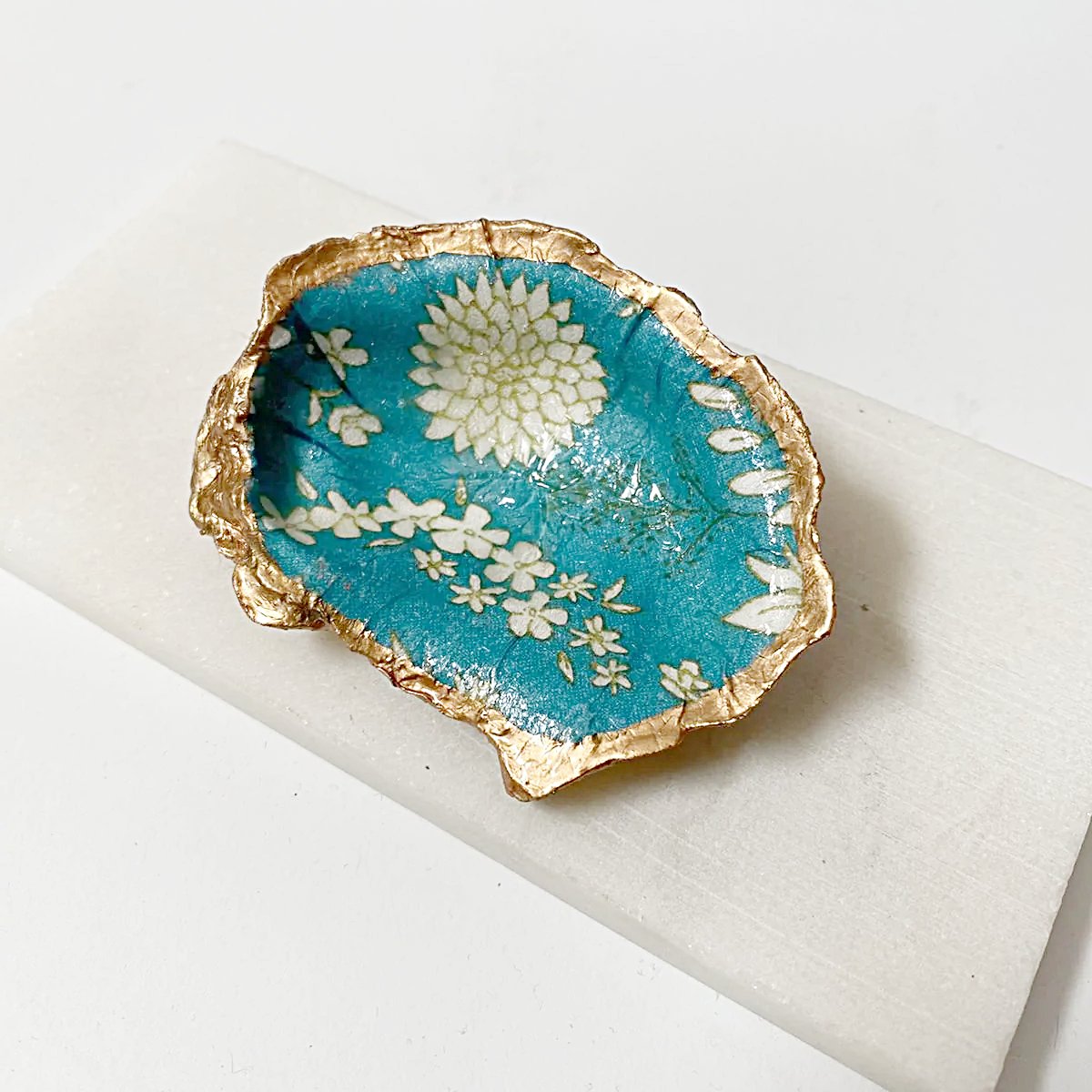 White Flowers on Teal Decoupage Oyster Shell Jewelry Dish Ana Razavi