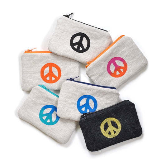 Peace Sign Blockprint Linen Coin Purse Gray Green Goods