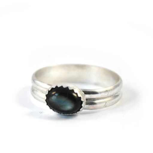 Black Ring, Mother Of Pearl Ring, Silver Stackable Ring - Size 6.25 Janine Gerade