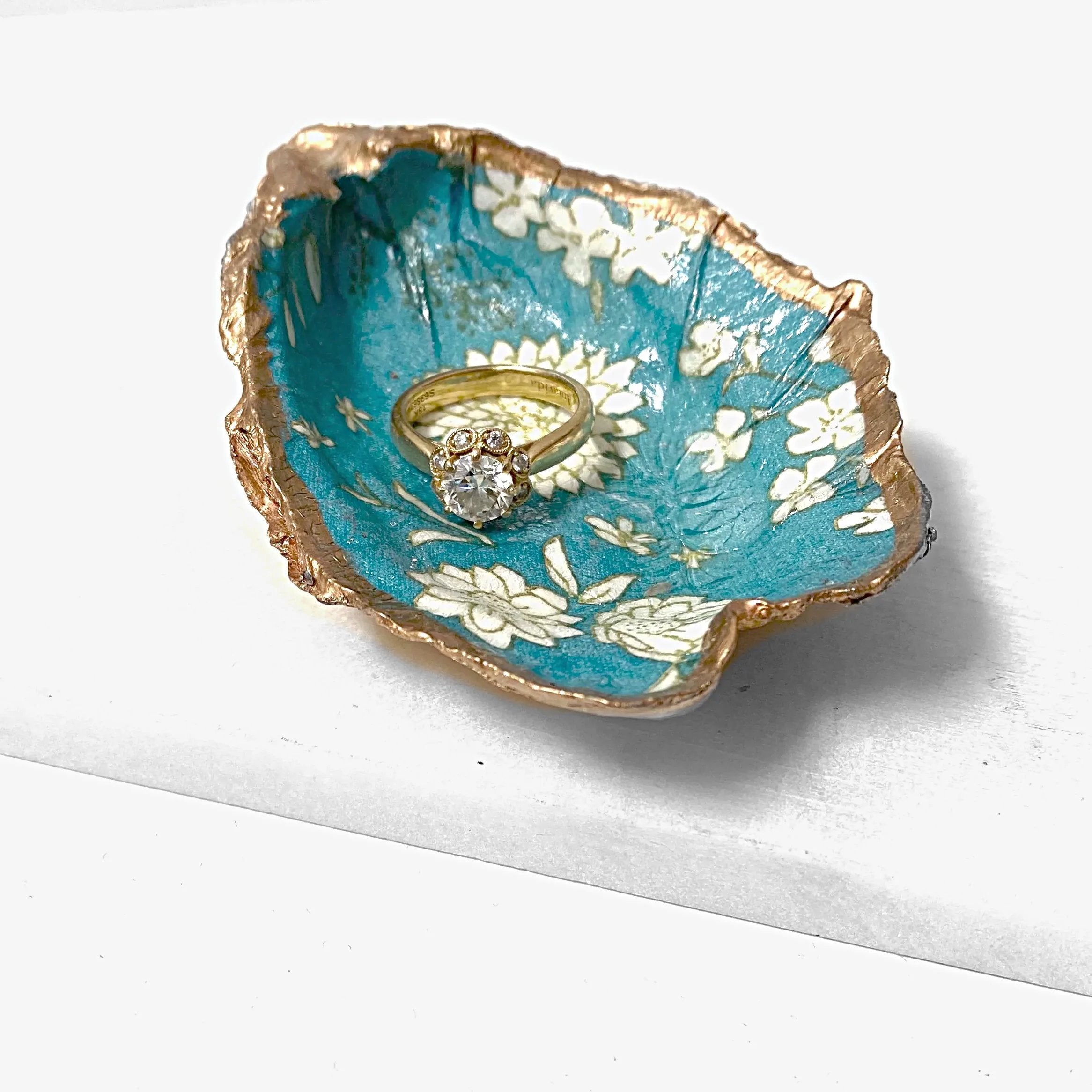 White Flowers on Teal Oyster Shell Ring Dish Ana Razavi
