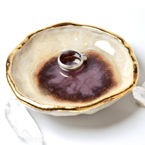 Amethyst Oyster Ring Dish, Chakra Bowl, 22k Gold Ceramic Bowl Uni-T Small Gifts
