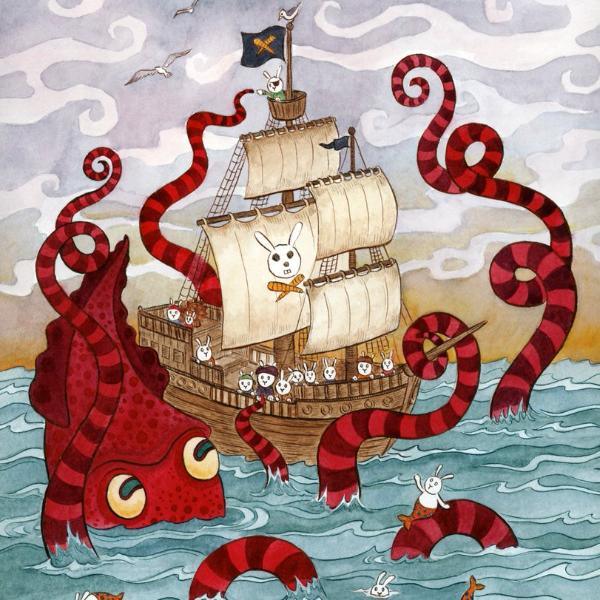 Kraken Giant Squid Pirate Ship Art Print Uni-T