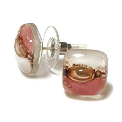 Recycled glass Stud Earrings. Pink, White and brown Earrings Studs. Fused Glass jewelry. Small earrings Carolina Portillo