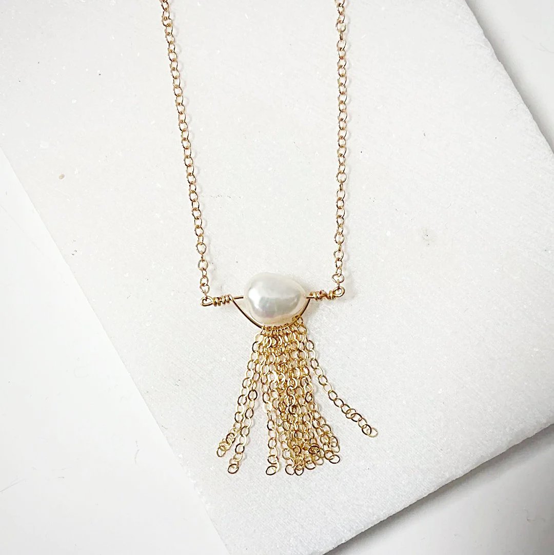 Pearl with Gold Filled Chain Tassels Necklace Nicole Goulet