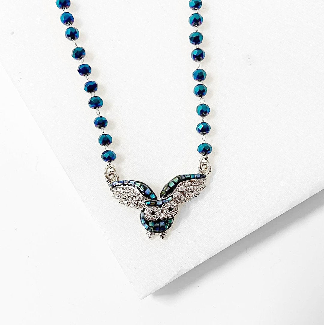 Abalone Owl with Blue Glass Beads and Sterling Silver Necklace Regina McGearty